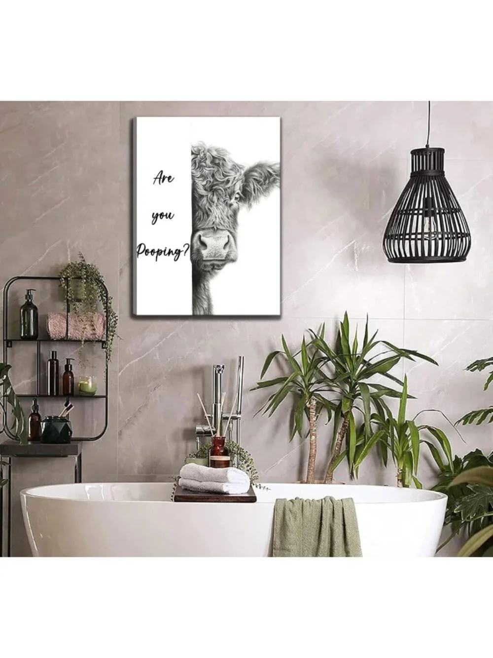 Cute Highland Cow Bathroom Wall Art - Funny Black & White Animal Decor Print
